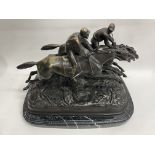 A reproduction Bronze racing group on marble base