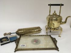 A brass and glass tray a brass trivet kettle and a