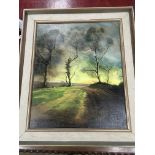A framed oil painting of a rural countryside scene