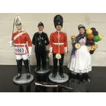 Four Royal Doulton figures including The Guardsmen, The Lifeguard, and The Bobby