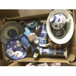 A box mainly blue and white Oriental ceramics.