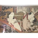 A framed Erotic Japanese woodblock print and two o