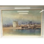 A framed picture of a buy port scene in Dubai, sig