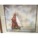 A large framed watercolour study of a barge in ful