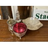 A modern design WMF dish together with a silver plated and cranberry lined sugar bowl, Silver plated