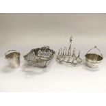 A silver sweet meat basket, toast rack, tea strain