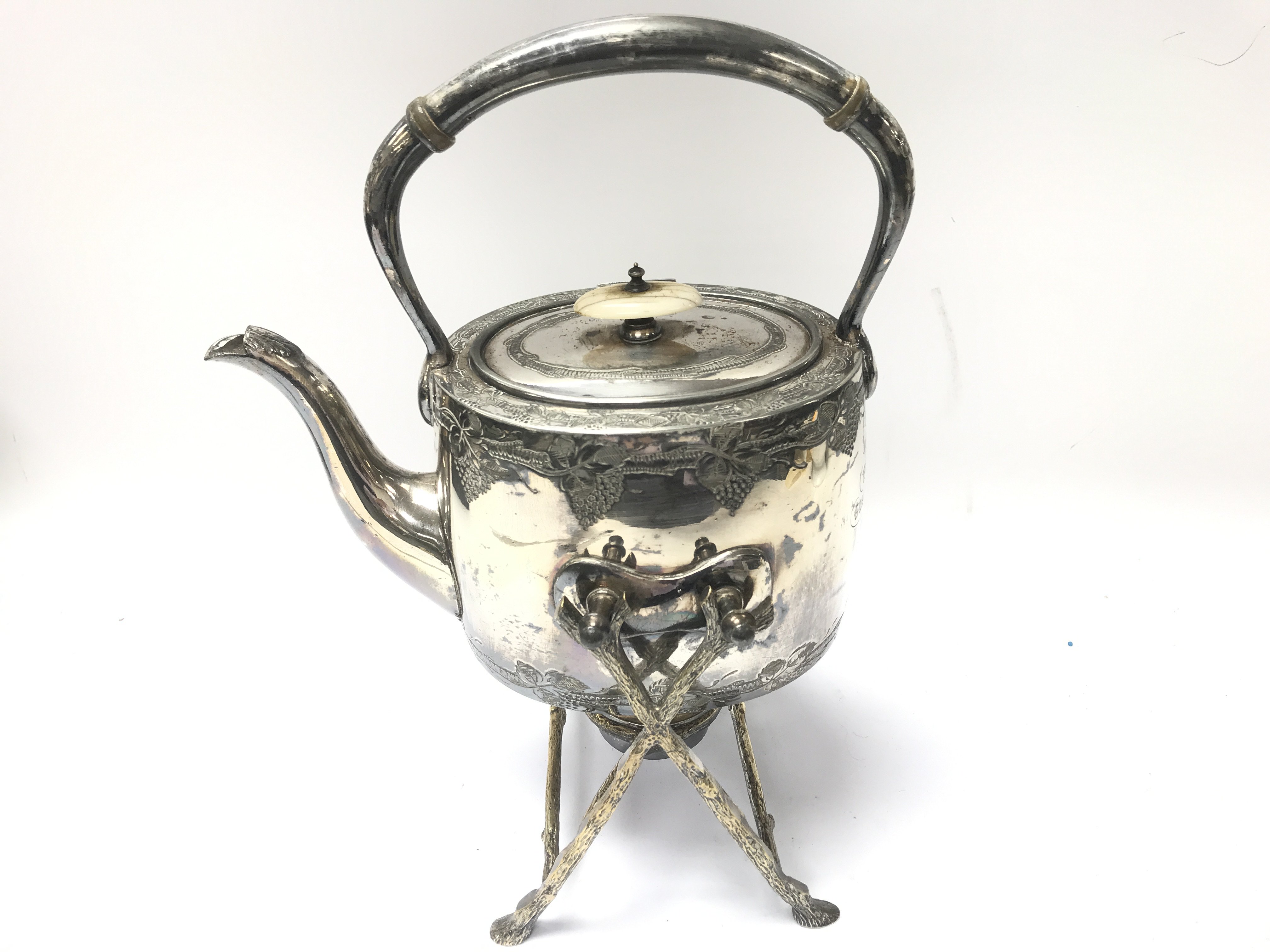 Victorian silver plated kettle on stand with burne