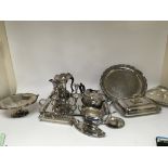 A collection of silver plate trays a tea set epern