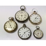 Five pocket watches including one silver.