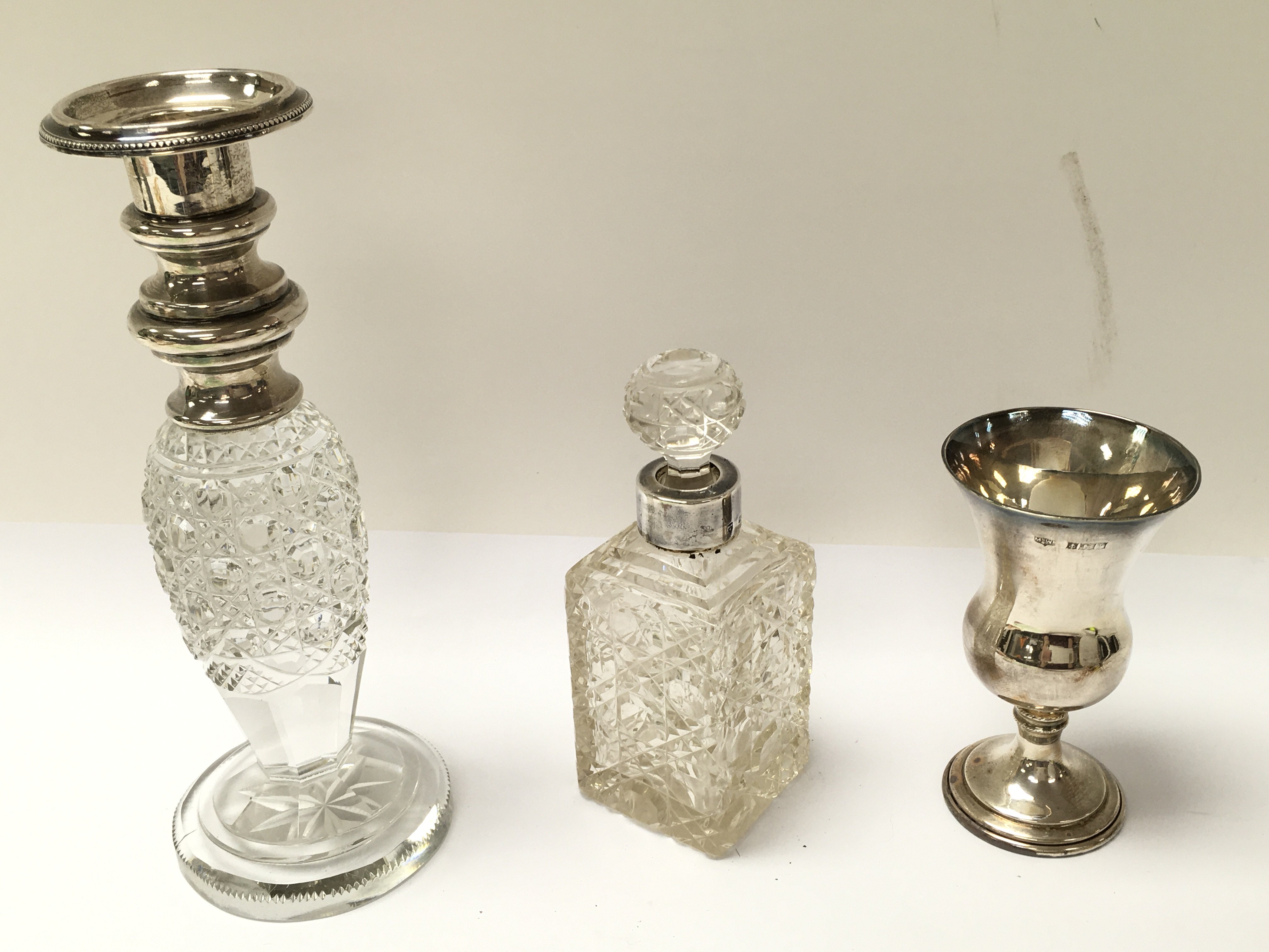 Three hallmarked silver items including a decanter