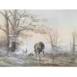 A framed print a working heavy horse in a winter scene with figures and a dog. artist Alwyn