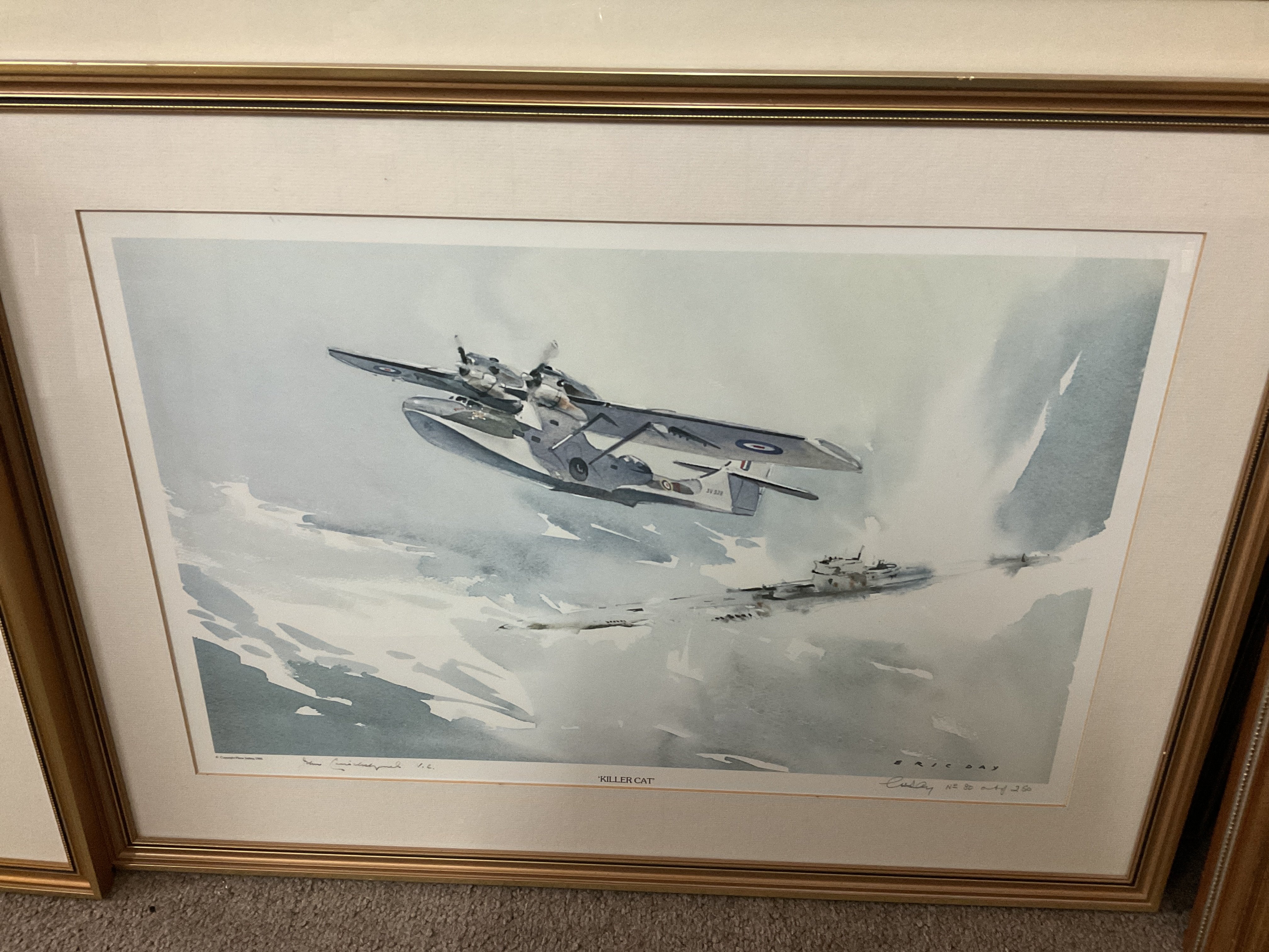 2 framed and signed prints one by Eric Day, 1 by Bill Perring both countersigned by Flying Officer