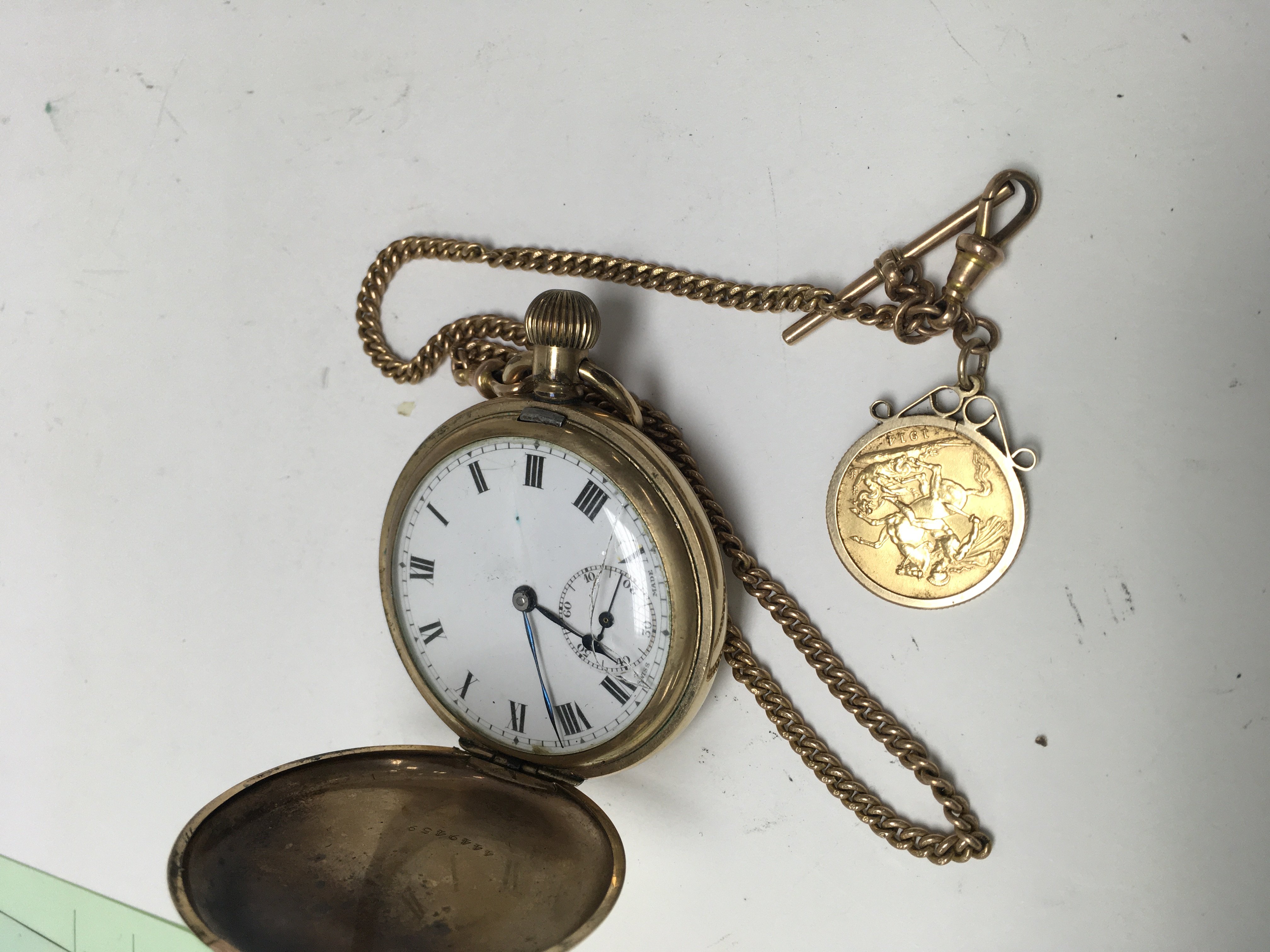 A gold plated pocket watch with attached 9 ct gold - Image 2 of 2