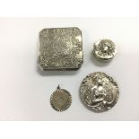 Four silver items comprising an Art Nouveau pill b