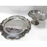 A silver plated tray and a silver plated dish.