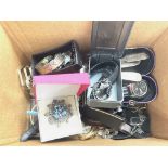 Boxed of mixed costume jewellery & cutlery