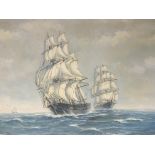 A large oil painting on canvas study of sailing sh