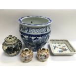 A blue and white Oriental jardiniere a/f, tea set,