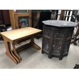 A nest of teak tables and a folding Indian hexagonal card table