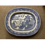 A large blue and white meat plate decorated with a