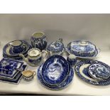 A collection of blue and white ceramics including