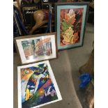 Five large framed and unframed prints including a