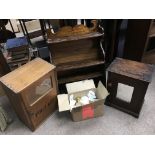 An oak four tier set of wall shelved, medicine cab