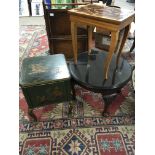 A Lacquer work box a small occasional table and an