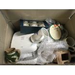 Five boxes containing cut glass ceramic pewter and