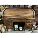 A vintage tambour roll topped desk, 122 x 81 x 95c