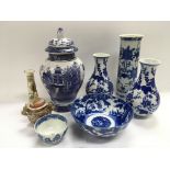 A collection of Oriental ceramics comprising mainly blue and white examples.