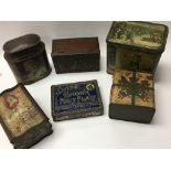 Six Victorian tins, mostly with advertising.