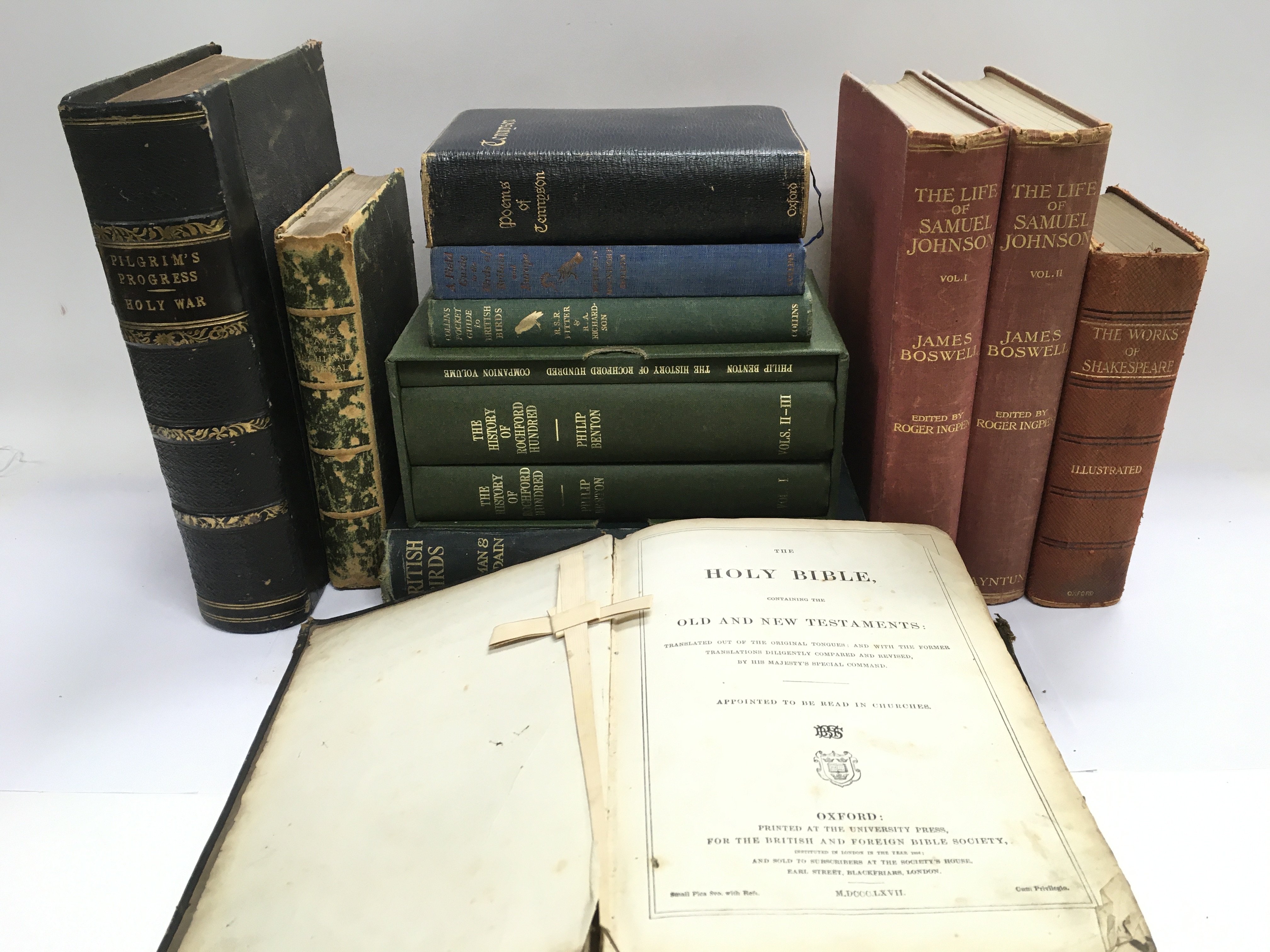 A collection in two boxes of antique books on a variety of subjects including British Birds, The Lif