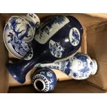 A box containing reproduction oriental blue and wh