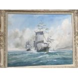 A framed oil on canvas seascape of sailing ships,