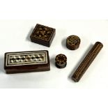 5 Victorian treen Tunbridgeware items.