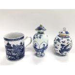 Three Chinese blue and white items including a dri
