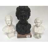 A bronze effect bust of Beethoven and two other bu