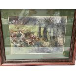 A framed pastel sketch of hunting dogs signed Buscuit. The measurements are 56cm x 46cm.