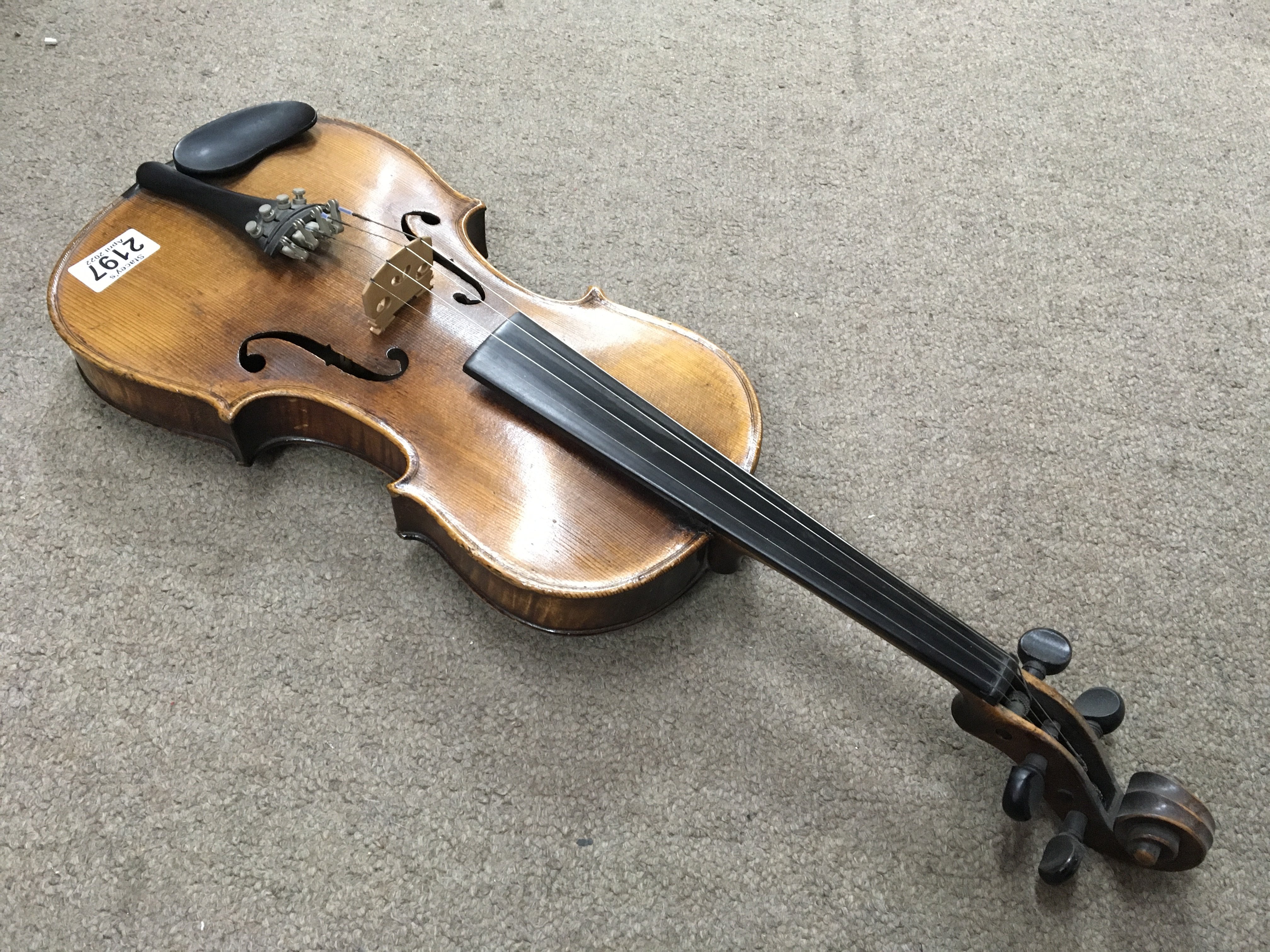 An unmarked students violin. Button to back measuring 36cm