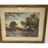 A framed early 19th century watercolour study of a river with a figure fishing, unsigned.