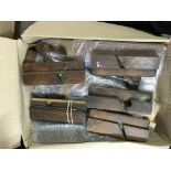 Five boxes containing wooden working tools moulding planes various.