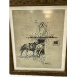 A framed ink drawing of two horses entering a stable, unsigned. Measuring 33cm x 39cm.