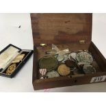 A Mahogany box containing a whistle commemorative medals Victorian and later. (a lot)