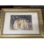 A framed watercolour architectural scene of a church with indistinct figures in the foreground,