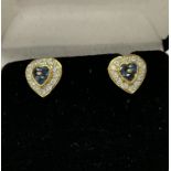 Gold stud heart earrings set with blue and white s