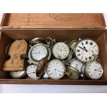 A box containing mixed pocket watches including a