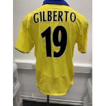 Arsenal 2003/2004 Match Worn Football Shirt: Yellow short sleeve away shirt made by Nike with 02