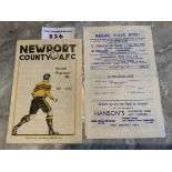 1940s Huddersfield Town Football Programmes: 48/49 Newport County away and 45/46 Sheffield United