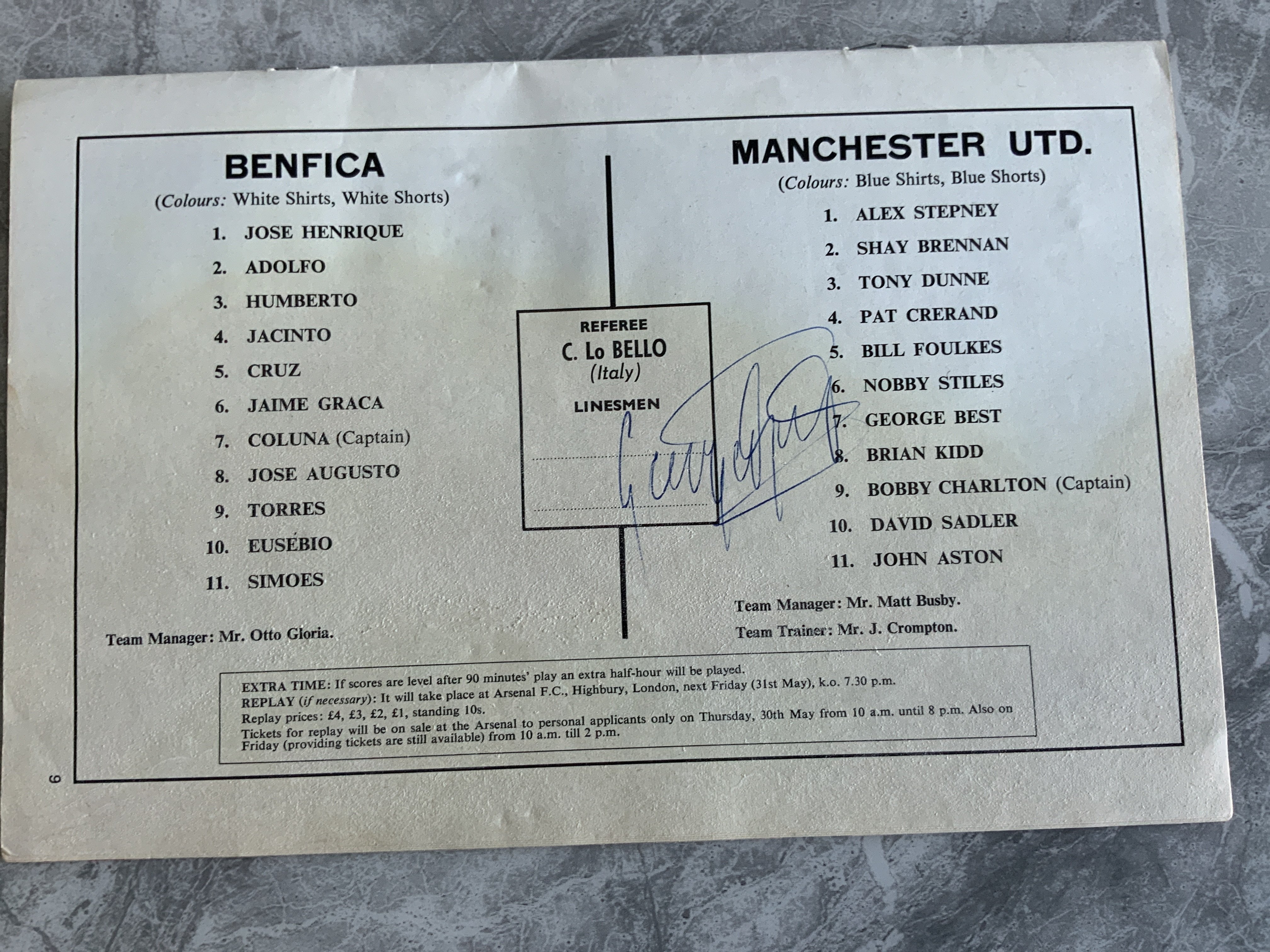 Manchester United Football Memorabilia: George Best signed team page from the 1968 European Cup